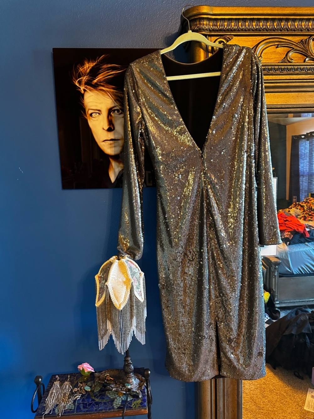 Source Unknown Silver Sequin Long Sleeve Draped Cocktail Dress - Picture 3 of 4